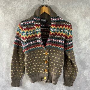 Vintage Gitano Cardigan Women Medium Brown Fair Isle Sweater Button Colorful 90s